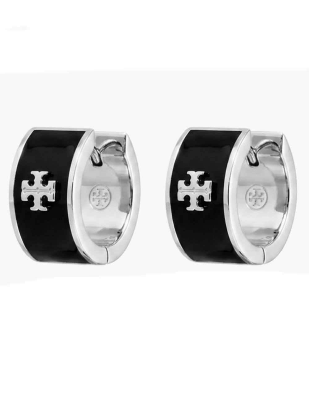 TORY BURCH SILVER + BLACK HUGGIE HOOP EARRINGS